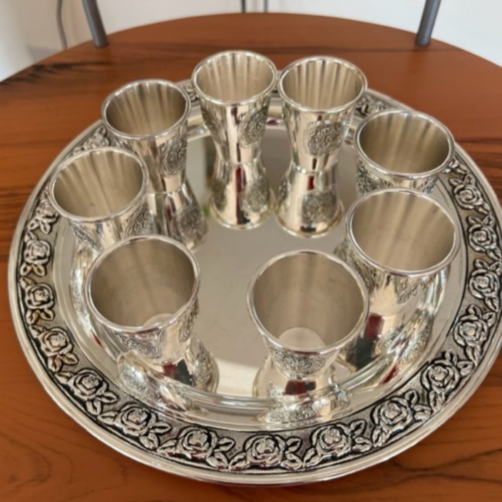 Antique Silver Plated round tray with 8 mini cups